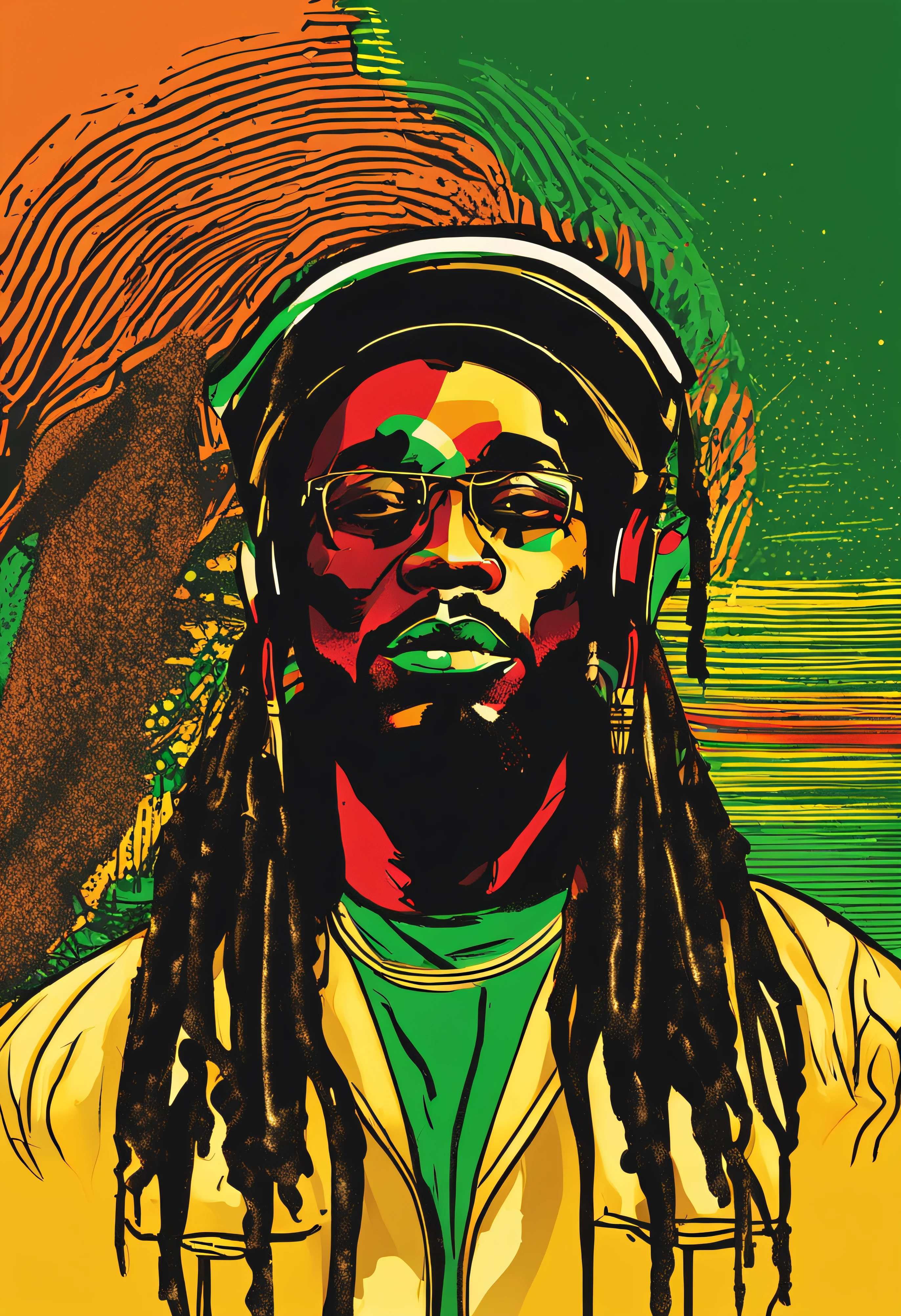 Create a logo with the head of a black man with dreadlocks in black colors, verde, amarelo e vermelho (olhando para a frente) , imagem estilo logomarca , Sober, (fundo preto), Image with resolution of at least 300dpi, UHD 8k, Very high quality for excellent printing. Lighting that highlights the figure in relation to the background, cores do reggae, Estilo da camada de disco