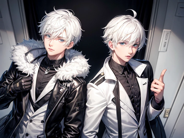 Two boys, white hair, one teenage boy with a cute face, and one teenage boy with a handsome face, black and white jacket