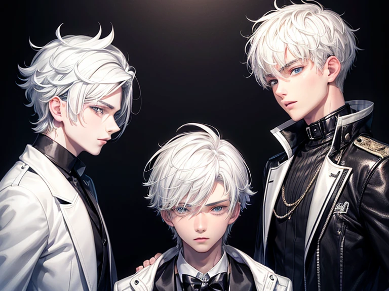 Two age boys, white hair, one teenboy with a cute face, and one teenage with a handsome face, black and white jacket