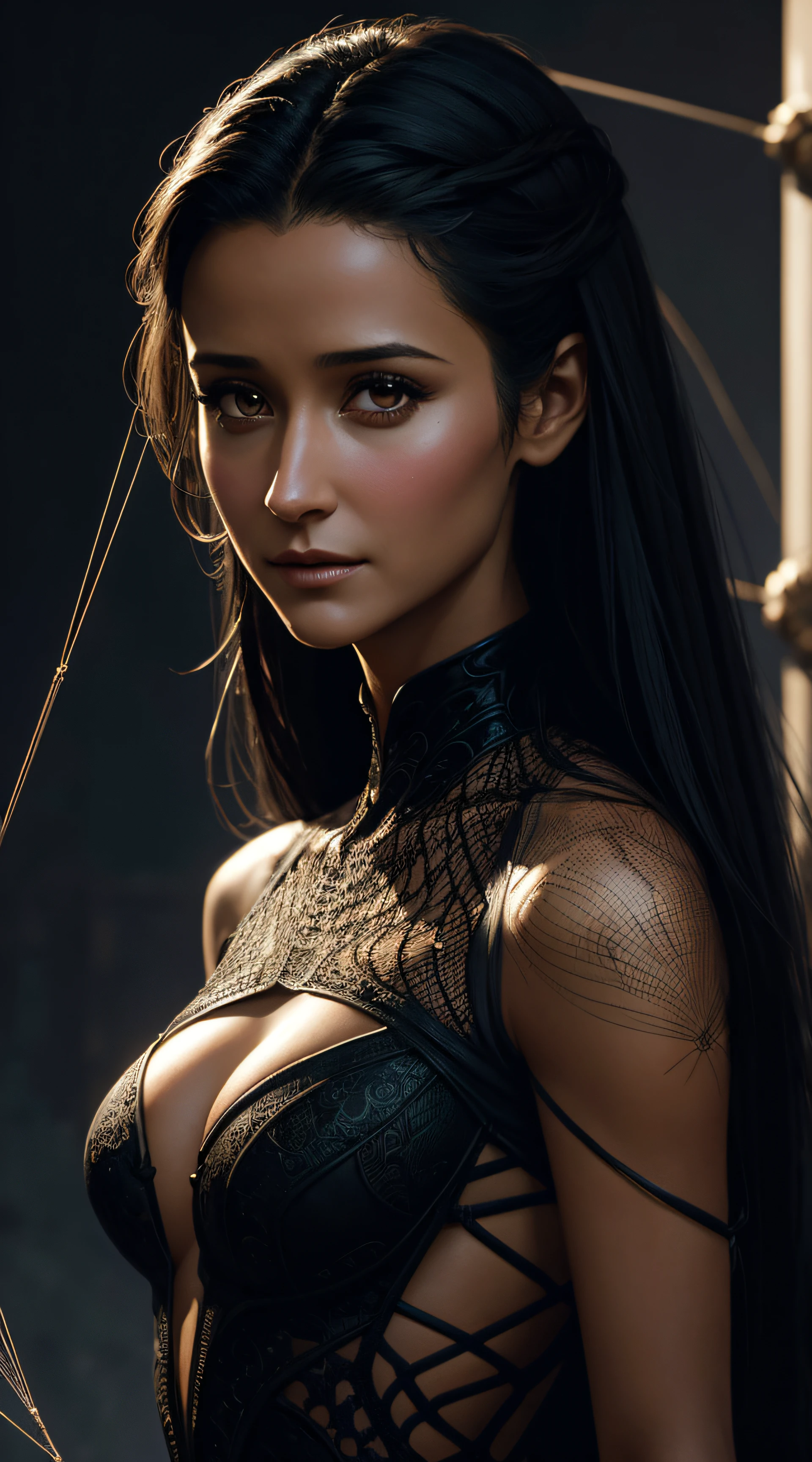 Emmanuelle Chriqui, spider ???? clothes, lying on a spider's web, character portrait, 3 9 9 0 s, long hair, intricate, elegant, highly detailed, digital painting, artstation, concept art, smooth, sharp focus, illustration, art by wlop, charlie bowater and alexandra fomina