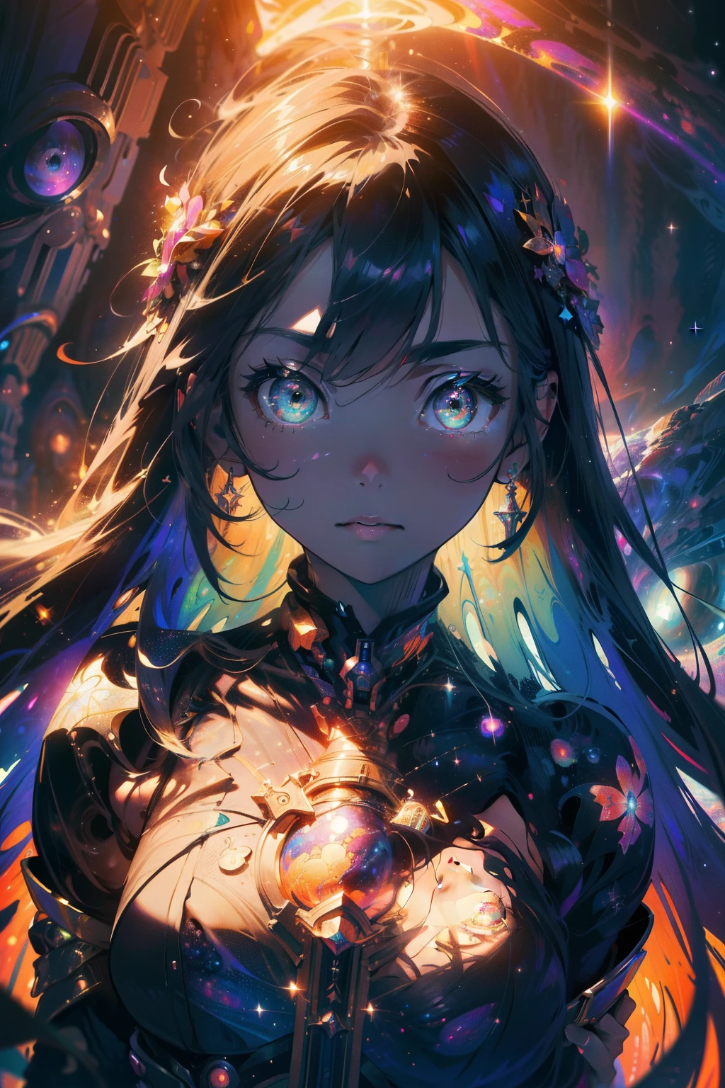 (absurdres, highres, ultra detailed), 1girl, solo, extremely detailed eyes, (official art, beautiful, cosmic, atmospheric, psychedelic and aesthetic:1.2), (fractal art, cosmic, atmospheric:1.3), incredibly colorful, perfect color scheme, highest detailed