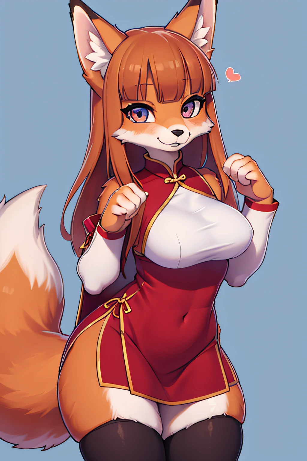 fox girl,yellow long hair,wavy hair,beige fur,neck fur,pubic fur,armpits fur,red cheongsam,glasses,chinese garden,smile,two closed eye,stand