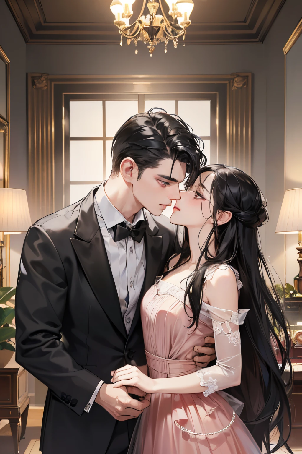 (masutepiece, Digital Art, Digital Illustration, 4K, 8K, Ultra-detailed, beautiful image, Sharp Image, Photorealistic, Raw photo, Perfect face, Perfect lines, Perfect eyes, Soft lighting) 1 woman, (Long Black Hair,straight haired,Bullish gaze,Beautie,Woman in suit,Solid makeup,23 y-o woman,small tits:1.3),Secretary, Two handsome men in suits, (ember,Men in suits,well-muscled,Firm shoulder width,Adult male,Boyish hairstyle,English gentlemanly style,Man in his 30s with a cool expression,28-year-old man with bright smile:1.2),Office scene at night,Antique furnishings,Antique Clamps,Antique chair,chandeliers,Parti、a couple、couple kissing、kiss、the kiss、Romance、