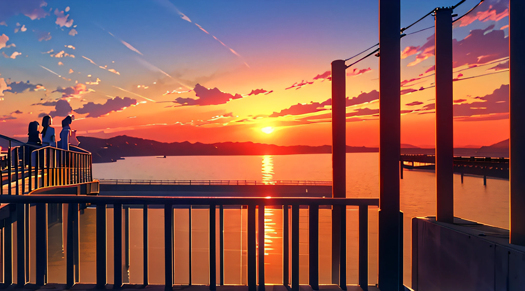 城市，Seafront，standing on a bridge，watching the sunset，Two-dimensional style