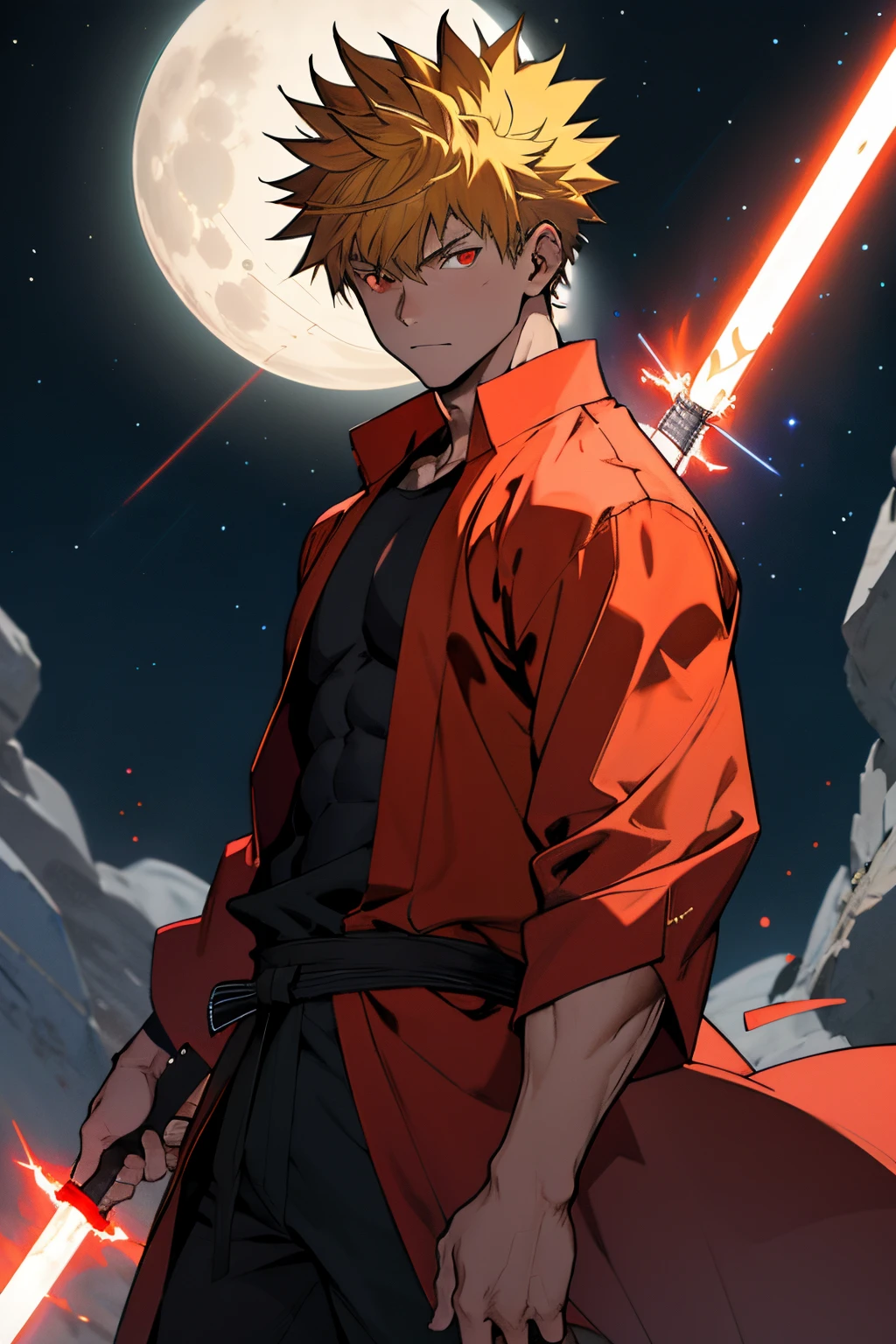 JEDI ROBE. masterpiece, best quality red eyes, cg game, 1 boy, alone, male focus, looking at viewer, upper body, bakugo katsuki, long yellow hair, tight red eyes, dark brown tight shirt, (open shirt) toned muscles, pecs, 8 abs, toned legs, boxer briefs, slightly bulging, night, stars moon, nebulae, space city, Jedi robe