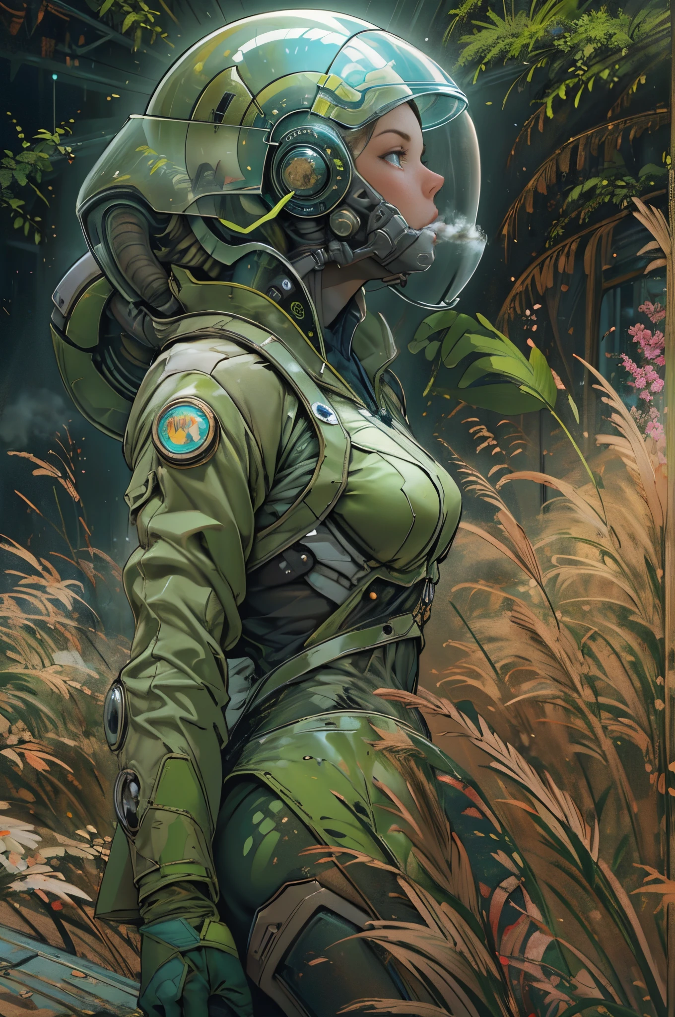 Award-winning close-up photos of women (Sci-fi explorer:1.3) Wear a helmet with a hexagonal glass visor, [Style-Psycho::10], next to one (Crashed vehicle:1.2), (smokes:1.4), Gaze upon a verdant alien planet, (mont:1.2) (tall grass:1.2), Rochas, The is very detailed, finedetail, (iintricate:1.3), (lens flare glow:0.6), (The light from the back window is backlighted:0.8), (full bloom:0.8), shallowdepthoffield，fully body photo，graceful stance，Detailed face, Detailed eyes，（correct hand：1.5），（Complete and beautiful five fingers：1.5），（Anatomically correct limbs：1.5），（Correct anatomy：1.5），（correct perspective：1.5）， (greg rutkovsky:0.8)，