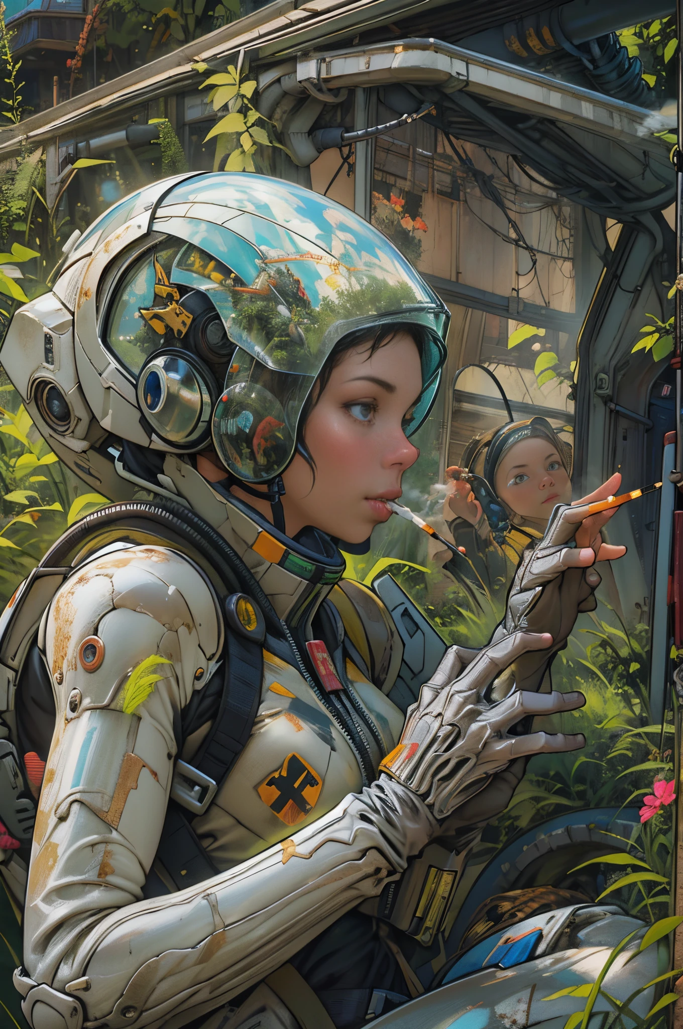 Award-winning close-up photos of women (Sci-fi explorer:1.3) Wear a helmet with a hexagonal glass visor, [Style-Psycho::10], next to one (Crashed vehicle:1.2), (smokes:1.4), Gaze upon a verdant alien planet, (mont:1.2) (tall grass:1.2), Rochas, The is very detailed, finedetail, (iintricate:1.3), (lens flare glow:0.6), (The light from the back window is backlighted:0.8), (full bloom:0.8), shallowdepthoffield，fully body photo，graceful stance，Detailed face, Detailed eyes，（correct hand：1.5），（Complete and beautiful five fingers：1.5），（Anatomically correct limbs：1.5），（Correct anatomy：1.5），（correct perspective：1.5）， (greg rutkovsky:0.8)，