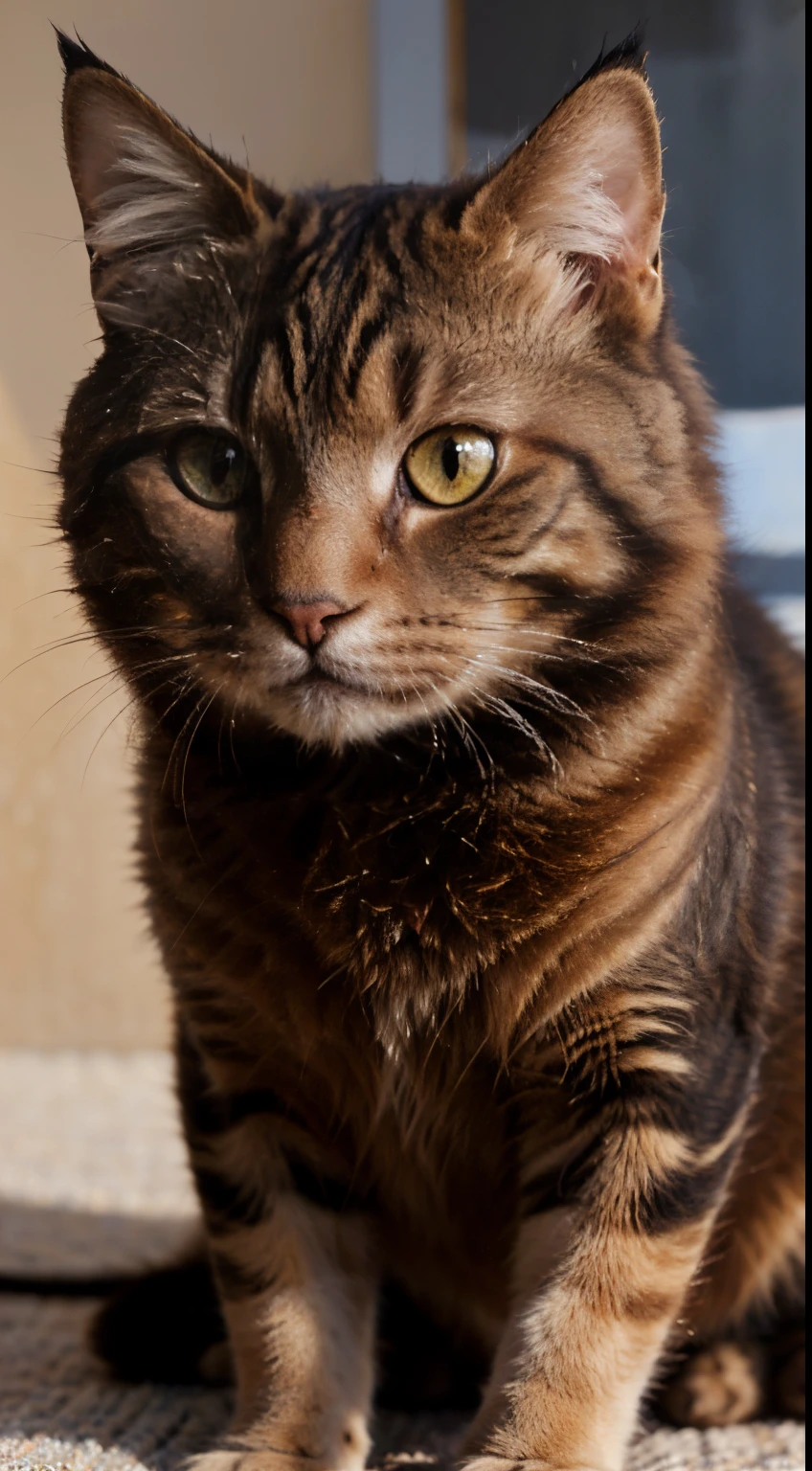 a beautiful detailed cat,sharp focus(realistic),oil painting,ultra-detailed fur,expressive eyes and face,playful attitude,vibrant colors,fine brushstrokes,luxurious textures,impressive shading,studio lighting,contrast between light and shadow