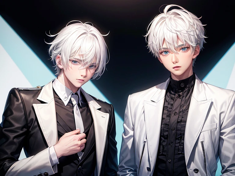 Two teenage boys, white hair, one teenage boy with a cute face, and one teenage boy with a handsome face, black and white jacket, It's just the two of them