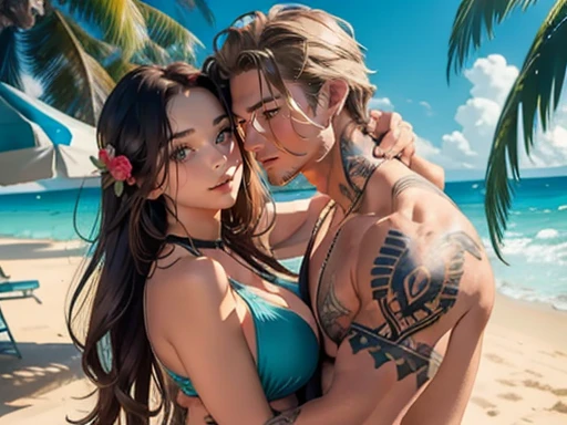 One Handsome Chad short haired and shirtless man hugging three beautiful bitches tackling him and touching him, dressed for the beach, perfect athletic curvy bodies, women: long flowing hair and wearing bikinis under bathrobes, wide hips and cleavage, flowers in hair, seductive, materials, golden hour, , jewelry, golden hour, photorealistic, masterpiece, in love, grins, perfect faces, Flirtatious, setting: a beach, harem, watercolor, tattoos