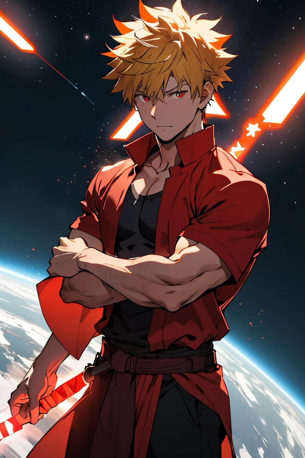 JEDI ROBE. masterpiece, best quality red eyes, cg game, 1 boy, alone, male focus, looking at viewer, upper body, bakugo katsuki, long yellow hair, tight red eyes, dark brown tight shirt, (open shirt) toned muscles, pecs, 8 abs, toned legs, boxer briefs, slightly bulging, night, stars moon, nebulae, space city, Jedi robe