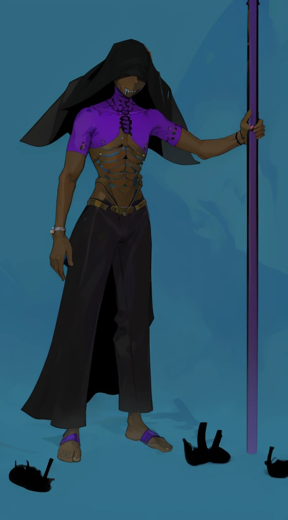 (masterpiece), best quality, detailed very Thin man, black skin, headgear black simagh, black blindfold, detailed skeleton mask, full body, long black pants, half naked, black purple slime, holding spear, monster, cripple, no skeleton body, skeleton teeth, purple half tight suit
