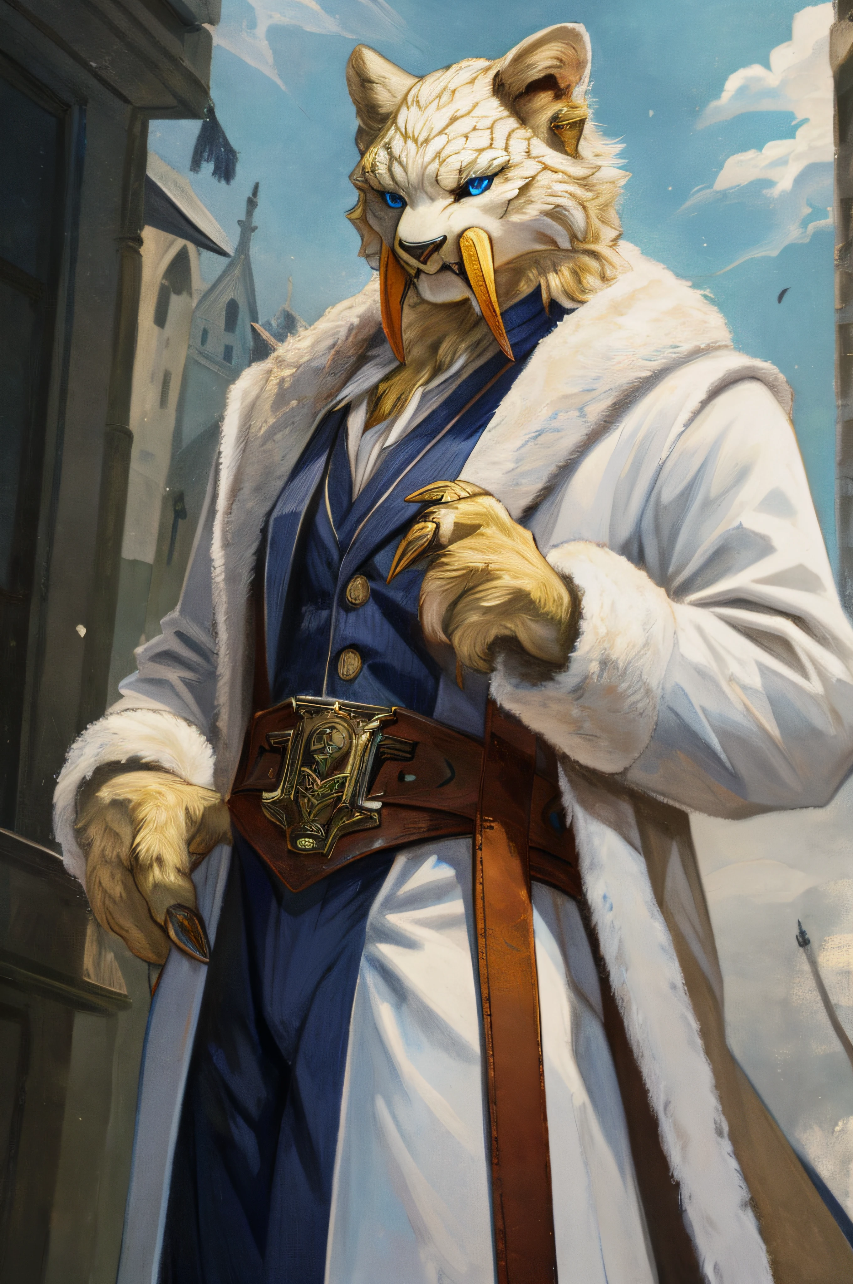 A Barioth as a German official posing for a portrait, white-yellow uniform, clawed hands, 4 fingers, 1900s photograph, long coat, fur coat, golden outlining, padded fingers, golden-white belt, long fangs, blue eyes,