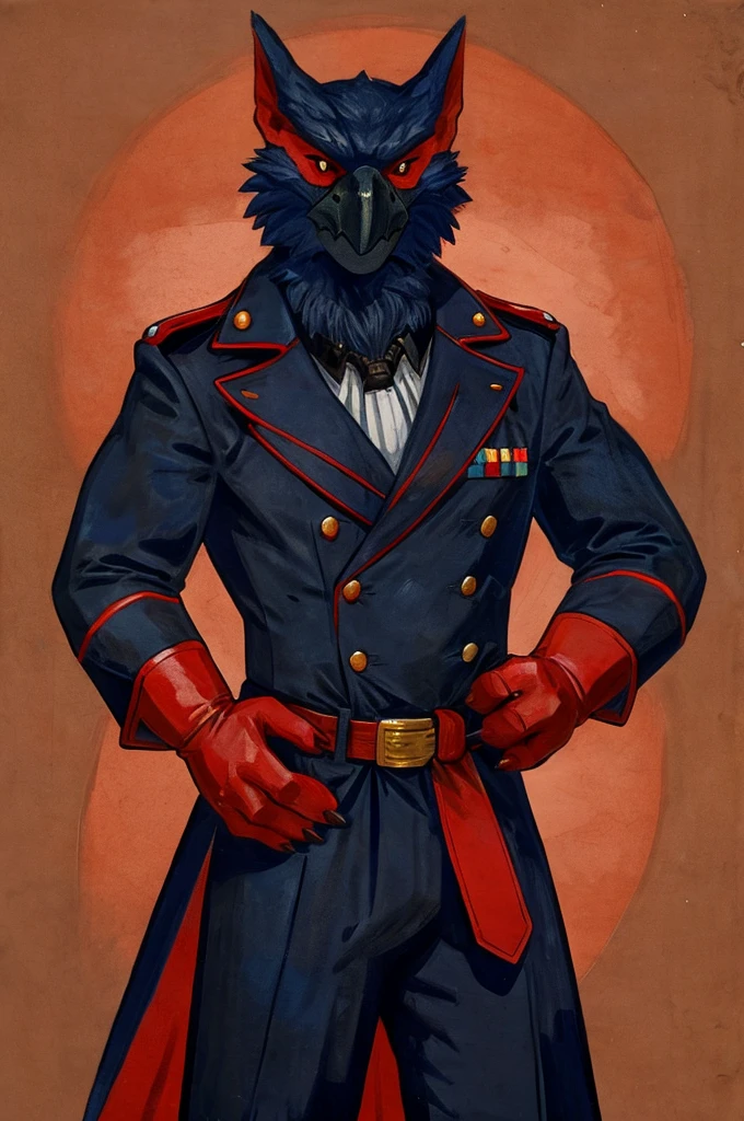 A Nargacuga as a German official posing for a portrait, black-red uniform, red leather gloves, clawed fingers, 4 fingers, 1900s photograph, long coat, red outlining, padded fingers, golden-red belt,