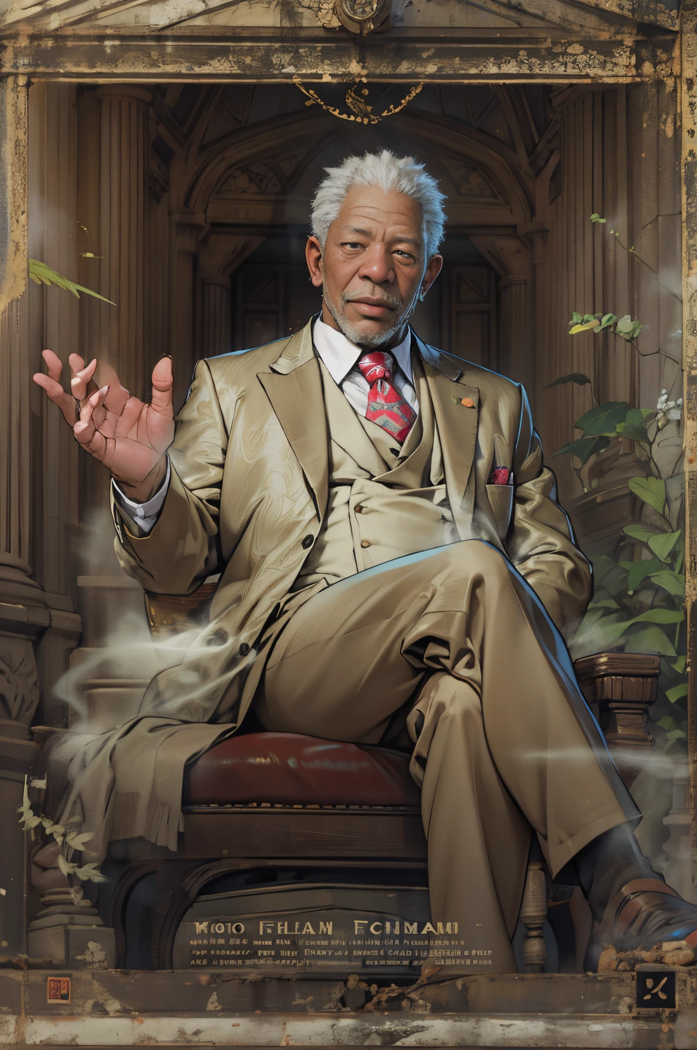 African American actor(Morgan Freeman(Morgan Freeman))of photos,《Fake god》God in(By Morgan Freeman(Morgan Freeman) play),Nemu(Morgan Freeman(Morgan Freeman))dressed in a:Sophisticated white suit,Sit in a white chair,Smile at the camera,(mont:1.2) (tall grass:1.2), Rochas, The is very detailed, finedetail, (iintricate:1.3), (lens flare glow:0.6), (The light from the back window is backlighted:0.8), (full bloom:0.8), shallowdepthoffield,Detailed face, Detailed eyes,(correct hand:1.5),(Complete and beautiful five fingers:1.5),(Anatomically correct limbs:1.5),(Correct anatomy:1.5),(correct perspective:1.5), (greg rutkovsky:0.8),
