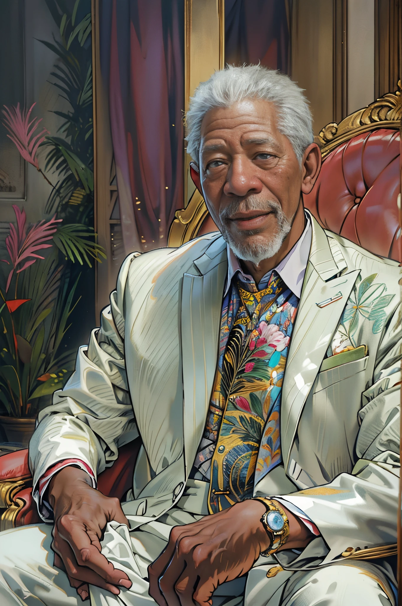 African American actor（Morgan Freeman（Morgan Freeman））of photos，《Fake god》God in（By Morgan Freeman（Morgan Freeman） play），Nemu（Morgan Freeman（Morgan Freeman））dressed in a：Sophisticated white suit，Sit in a white chair，Smile at the camera，(mont:1.2) (tall grass:1.2), Rochas, The is very detailed, finedetail, (iintricate:1.3), (lens flare glow:0.6), (The light from the back window is backlighted:0.8), (full bloom:0.8), shallowdepthoffield，Detailed face, Detailed eyes，（correct hand：1.5），（Complete and beautiful five fingers：1.5），（Anatomically correct limbs：1.5），（Correct anatomy：1.5），（correct perspective：1.5）， (greg rutkovsky:0.8)，