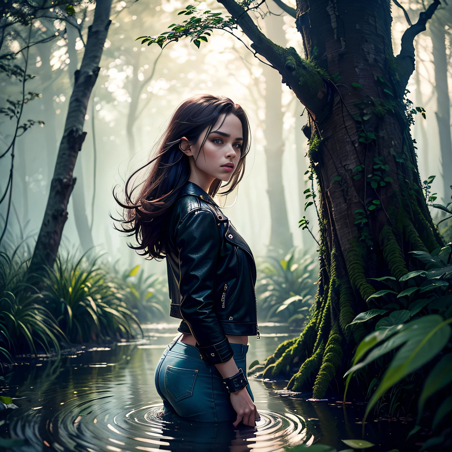 (exteriors,natural lighting, illustartion:1.3),black leather jacket,dark blue flared jeans,wander through the swamp,Splashing water,lost in dense vegetation,Wild plants,Twisted Branches,moody atmosphere,Specular reflections,Twilight color palette,Dynamic composition,Vivid colors,Pictorial style,Detalhes realistas,hair blowing in wind,expressive eyes,Focused gaze,Mysterious and mesmerizing. Sexual tension