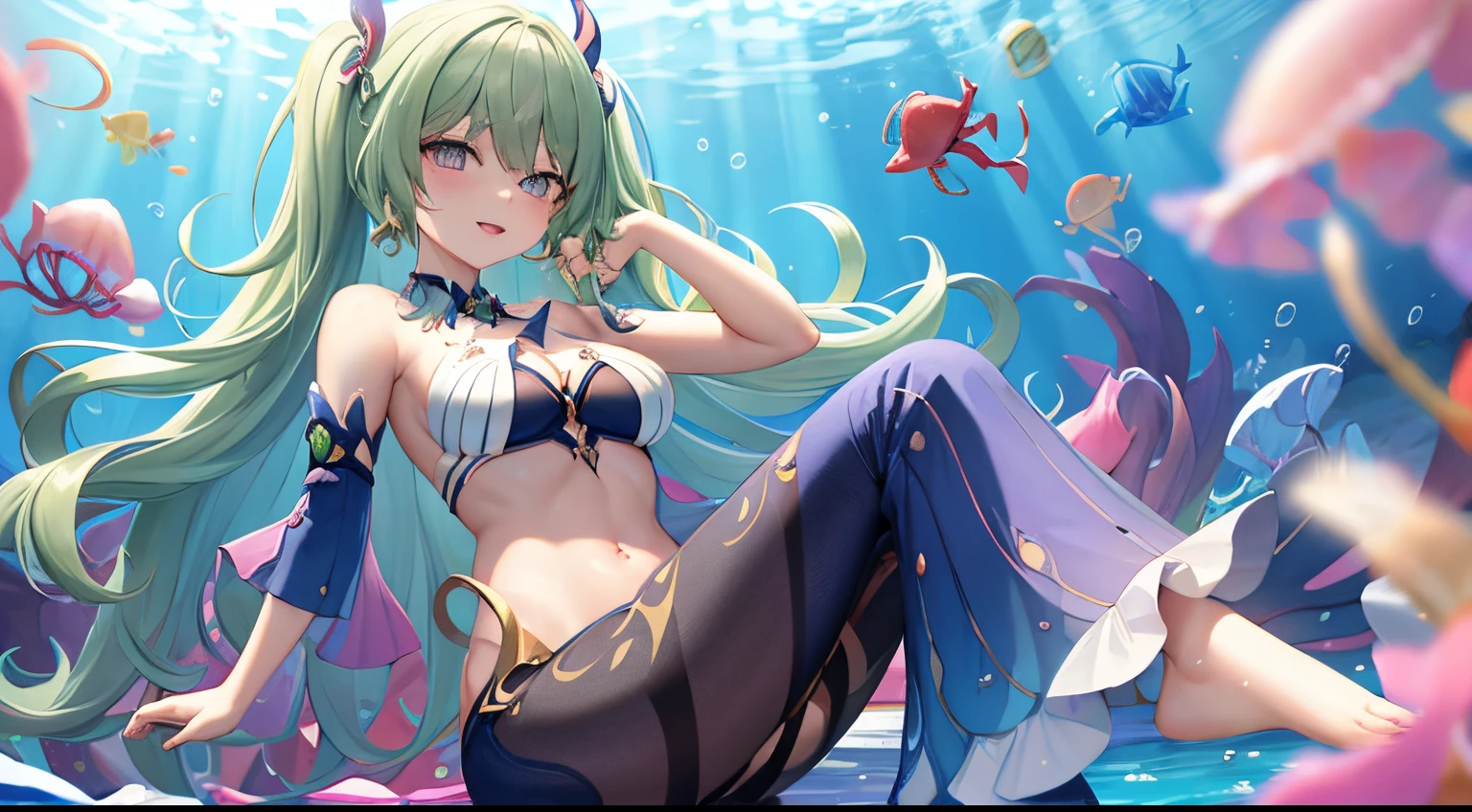 mobius (daughter of corals) (honkai impact), mobius (honkai impact), honkai (series), honkai impact 3rd, yelan xing xuan, 1girl, bangs, bare shoulders, barefoot, bikini, breasts, cleavage, coral reef, fish, full body, green eyes, green hair, jellyfish, long hair, navel, open mouth, solo, swimsuit, toes, twintails, underwater, water