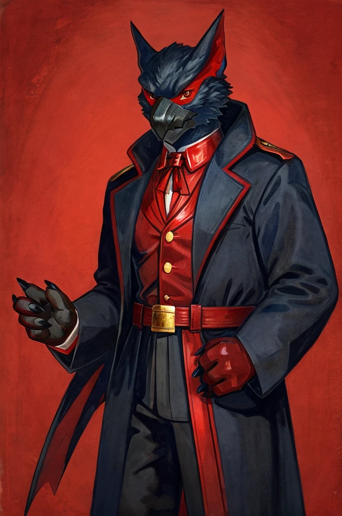 A Nargacuga as a German official posing for a portrait, black-red uniform, red leather gloves, clawed fingers, 4 fingers, 1900s photograph, long coat, open coat, red outlining, padded fingers, golden-red belt,