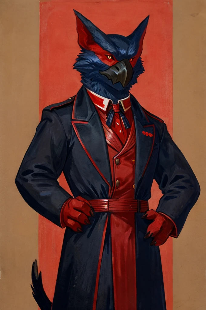 A Nargacuga as a German official posing for a portrait, black-red uniform, red leather gloves, clawed fingers, 4 fingers, 1900s photograph, long coat, open coat, red outlining, padded fingers, golden-red belt,