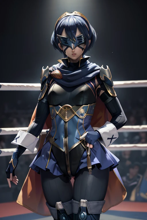 masterpiece, best quality, defLucy, tiara, cape, blue scarf, blue coat, shoulder armor, long sleeves, cuffs, belt, fingerless gloves, black pantyhose, thigh boots, covered eyes, mask, short hair, ((Tight leotard)), ((sexy pose)), ((Wrestling ring)), wide shot, dynamic pose
