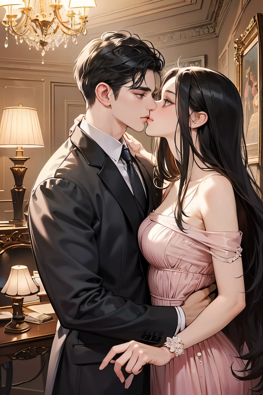 (masutepiece, Digital Art, Digital Illustration, 4K, 8K, Ultra-detailed, beautiful image, Sharp Image, Photorealistic, Raw photo, Perfect face, Perfect lines, Perfect eyes, Soft lighting) 1 woman, (Long Black Hair,straight haired,Bullish gaze,Beautie,Woman in suit,Solid makeup,23 y-o woman,small tits:1.3),Secretary, Two handsome men in suits, (ember,Men in suits,well-muscled,Firm shoulder width,Adult male,Boyish hairstyle,English gentlemanly style,Man in his 30s with a cool expression,28-year-old man with bright smile:1.2),Office scene at night,Antique furnishings,Antique Clamps,Antique chair,chandeliers,Parti、a couple、couple kissing、kiss、the kiss、Romance、