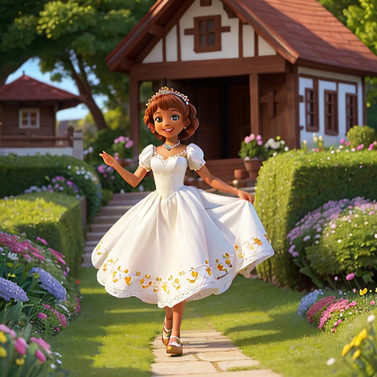 Mary Brown, a graceful young lady with a radiant smile, strolling through the village gardens.Picture Mary, adorned in an elegant gown, gracefully gliding through the vibrant flowerbeds. Her gentle smile radiates warmth, captivating the hearts of all who behold her. The vibrant colors of the flowers complement her beauty, creating a scene of enchanting charm. century style