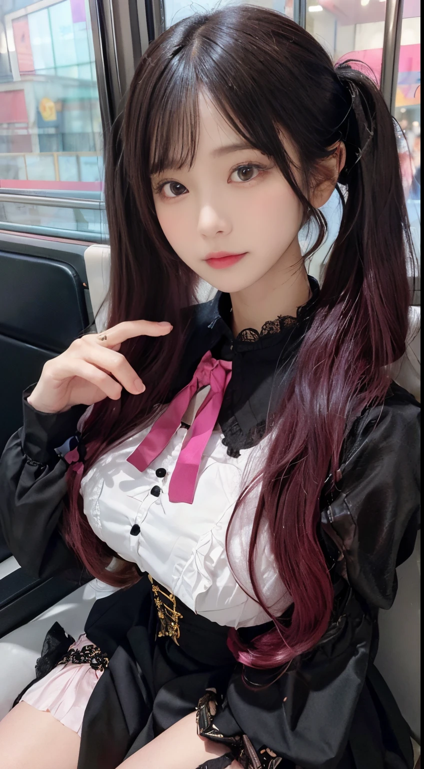 Korean Beauty，Sitting on the train，（（（tmasterpiece）））， （（best qualtiy））， （（intricate detailes））， （（Ultra-realistic realism））， Ridiculous resolution， A MILF， Mature Woman， ighly detailed， illustratio， 1girll，（（Large breasts））， perfect hand， Detailed finger， Beautiful detailed eyes， Lowered twin tails， Colored inner hair， Very long black hair, Very bright pink hair， with brown eye， Name badge， （ Korean style long sleeve dark pink ruffle lace up pleated skirt， Black knee-high socks:2.2），detailedbackground， perfect  eyes， mesmerizing eyes，Slightly open mouth, ((Ephemeral Girl:1.2))