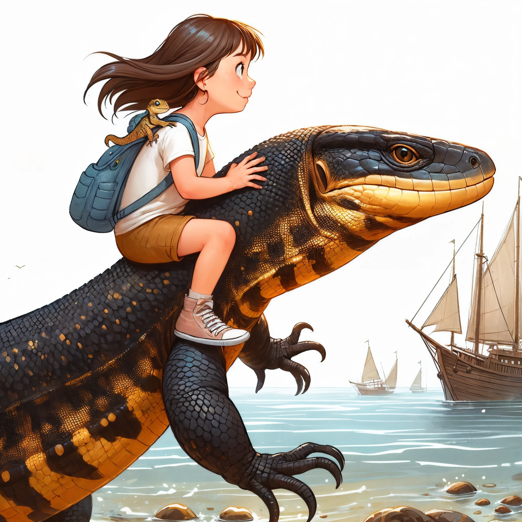 A girl and a big lizard. ride on your shoulders. A lizard with an elongated body. Shiny lizard. Dark brown back and yellow belly. short legs. Waterside.