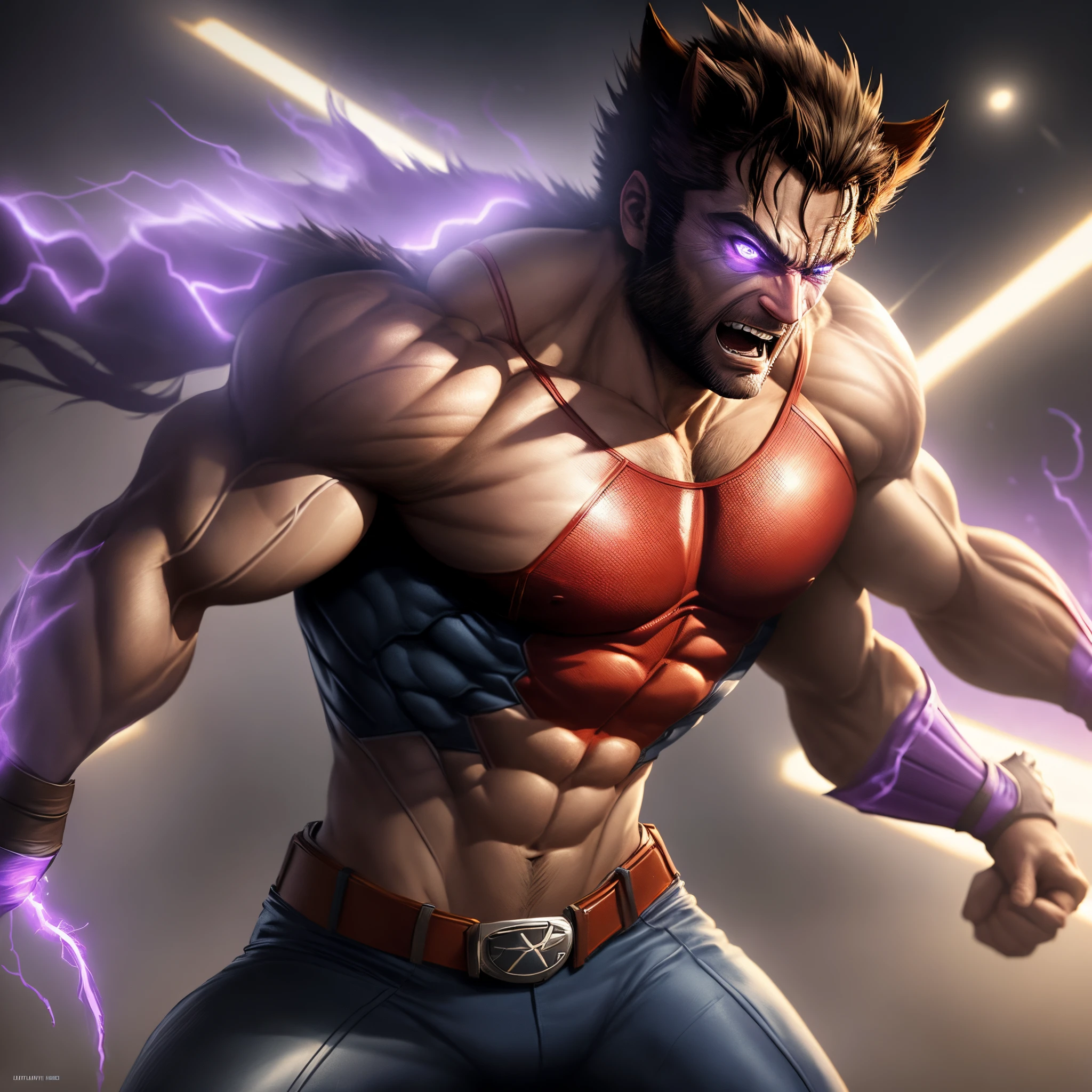 Create a picture of the superhero wolverine with grills under purple lighting