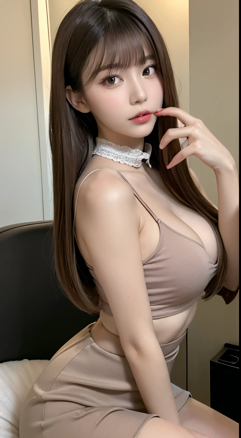 (Best Quality, 8K, masutepiece, Ultra HD: 1.3), 1girl in, mideum breasts, light brown hair, Blunt bangs, hair behind ear, hair over shoulder, Long hair,  slender body shape, Ultra Fine Face, Delicate lips, Beautiful eyes, Double eyelids, lipsticks,cleavage of the breast,A gaze that invites you, Ultra-thin hands, Ultra-fine fingers, shirt with collar, tight skirts , beauty legs ,pumps.s Office