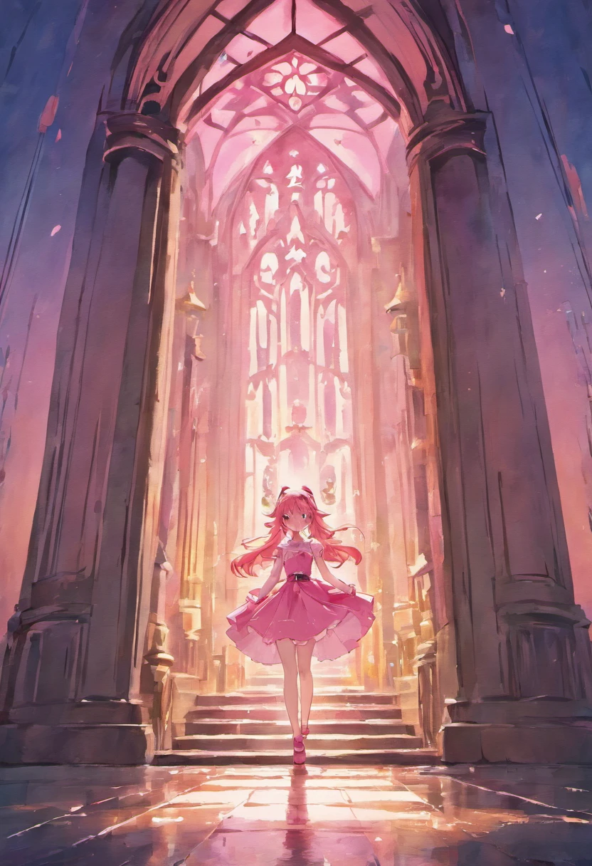 (watercolor:1.2), detailed illustrations of fairy pink tall castle, high detail, centred, front view, entrance view, in style of ghibli, hand drawn style