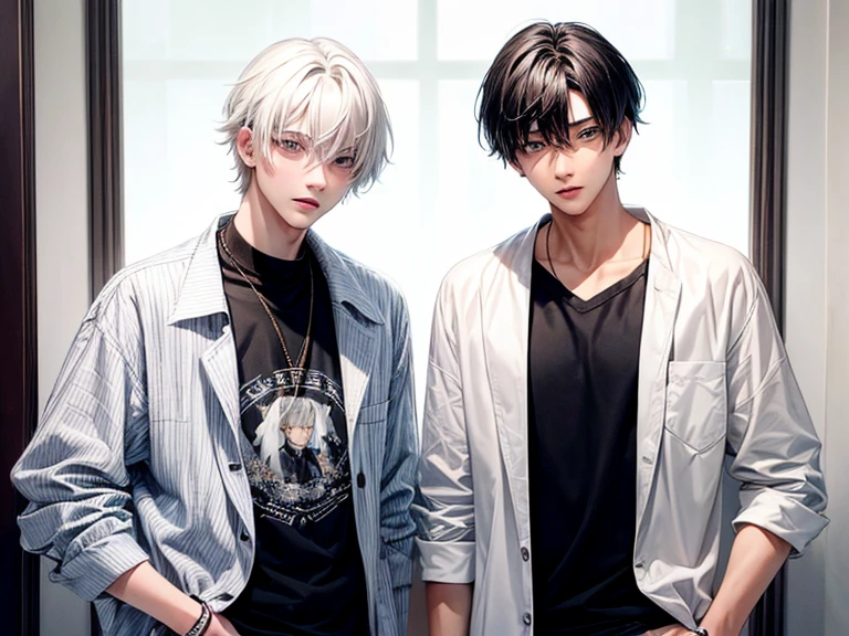 Two teenage boys, one of the teenage boys with white hair and a cute face, one of the teenage boys with black hair and a handsome face, wearing couple clothes