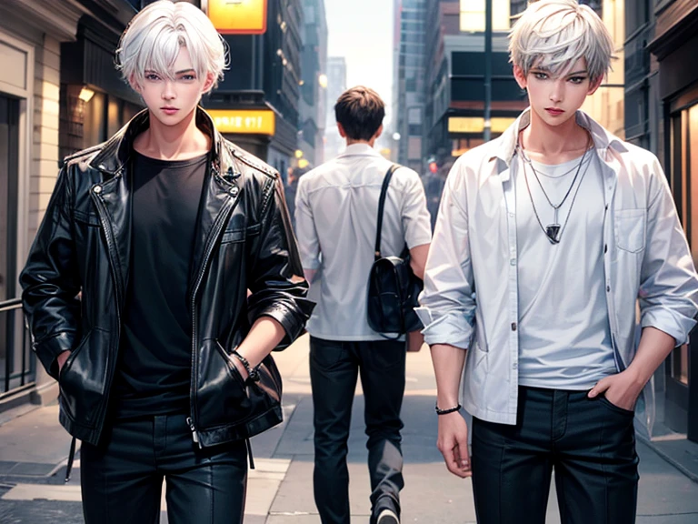 Two age boys, one of the teenboys with white hair and a cute face, one of the teenage with black hair and a handsome face, wearing couple clothes