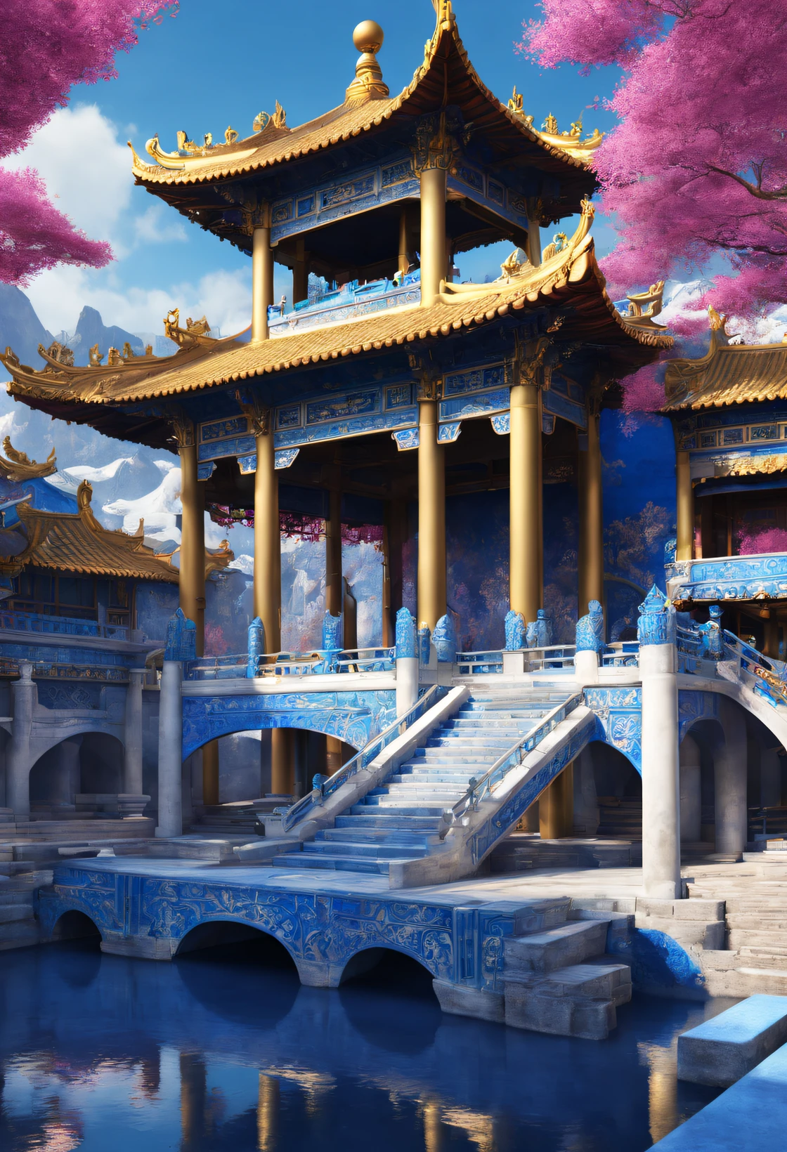 (Very unified cg scene design),(Chinese Cloisonné and Blue and White Porcelain Theme Park),Complex structure,Asymmetrical balance ,( magenta )Carmine+( blue white colors )Blue-cyan+( tin foil gold )golden colored,Ultra-clear texture,glyphic,Ultra-clear screen,Fantasyart,ultra-realistic realism, 3D, c4d,overlooks,