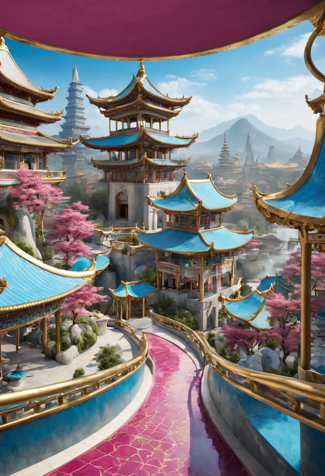 China Cloisonné Theme Park，dream-state，ultra-realistic realism， Carefully designed using European and American designs，Asymmetrical balance ，( magenta ）Carmine＋( blue white colors ）Blue-cyan＋( tin foil gold ）golden colored