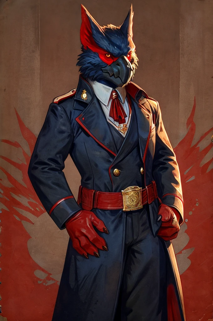 A Nargacuga as a German official posing for a portrait, black-red uniform, red leather gloves, clawed fingers, 4 fingers, 1900s photograph, long coat, open coat, red outlining, padded fingers, golden-red belt,