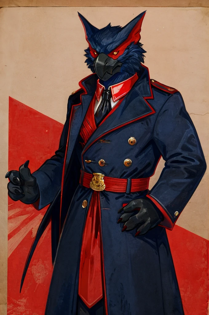 A Nargacuga as a German official posing for a portrait, black-red uniform, red leather gloves, clawed fingers, 4 fingers, 1900s photograph, long coat, open coat, red outlining, padded fingers, golden-red belt,