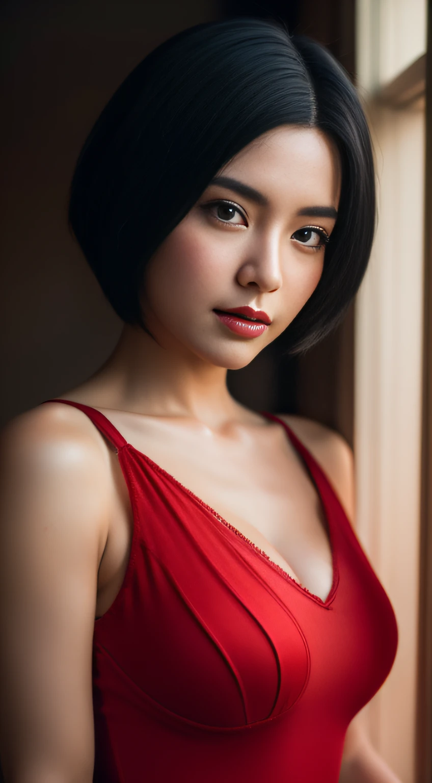 1girl, cowboy shot of beautiful ada, looking at viewer, red dress, black hair, blush, short hair, athletic night, volumetric lighting, best quality, masterpiece, intricate details, tonemapping, sharp focus, hyper detailed, trending on Artstation, ada, realistic