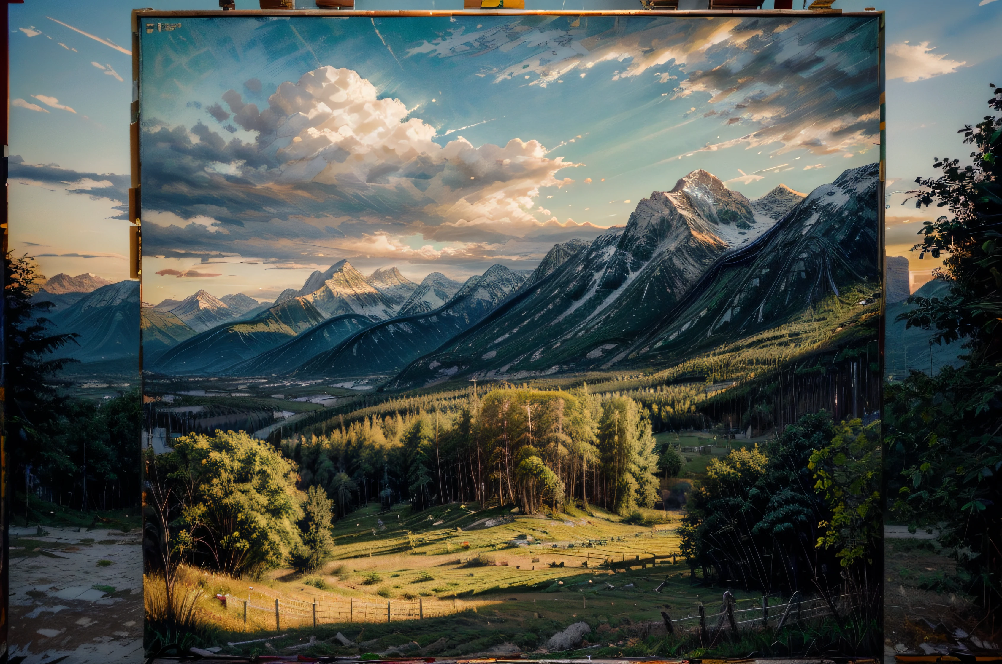 (((oil painting))) Beautiful nature, mountains in the distance , green trees, Sundown, Beautiful sky, painting, paint strokes