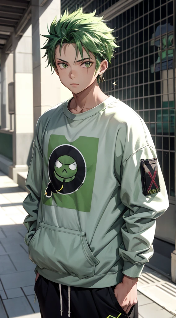 Masterpiece, 1boy, Superb Style, Urban Streetwear chothes, Outdoor, Upper Body, zoro, bright eyes, green hair, cool boy