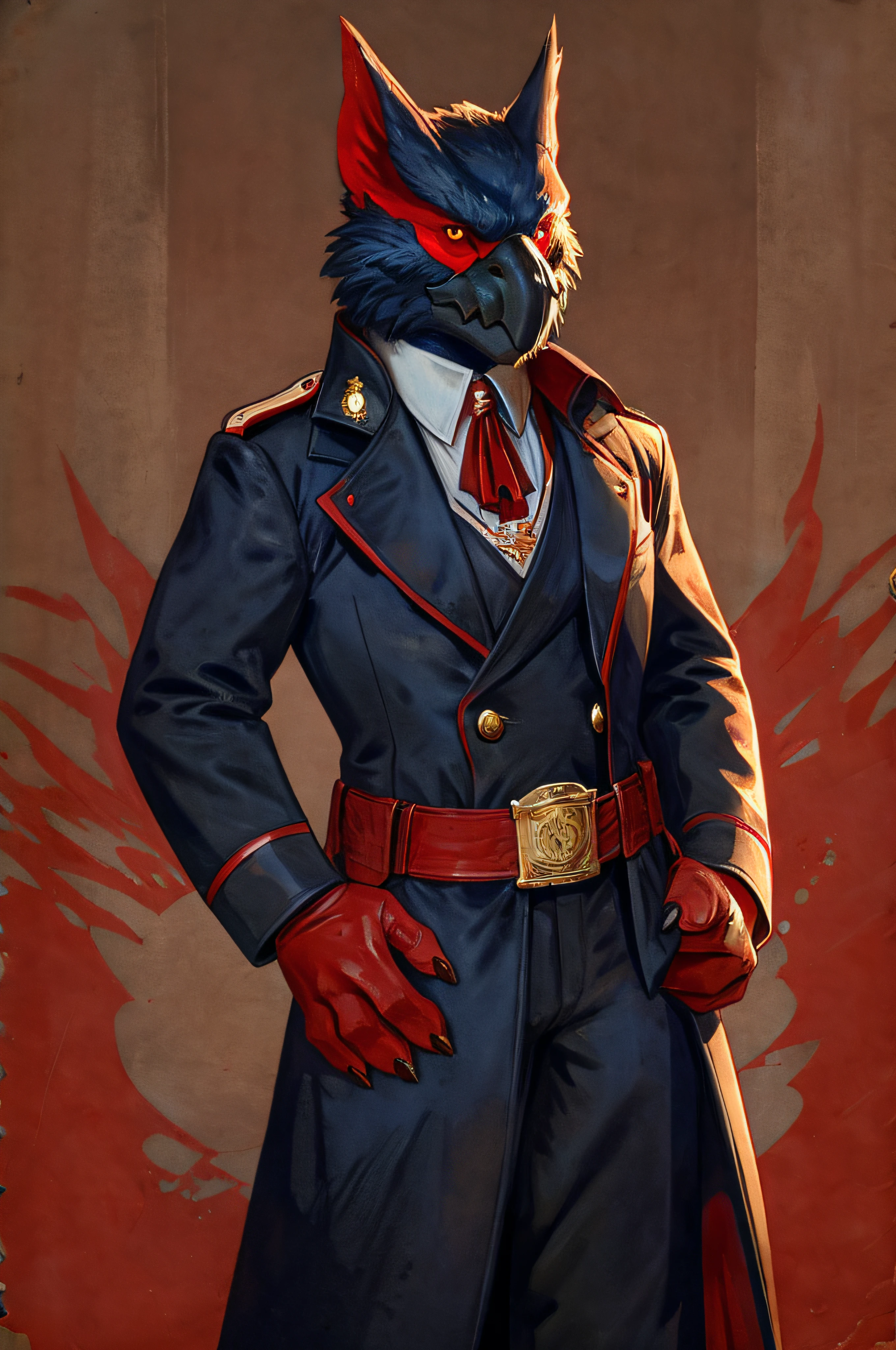 A Nargacuga as a German official posing for a portrait, black-red uniform, red leather gloves, clawed fingers, 4 fingers, 1900s photograph, long coat, open coat, red outlining, padded fingers, golden-red belt,