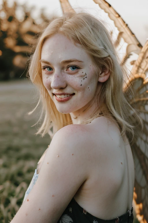 Ultra realistic photography of dbwl woman with many huge beauty marks on her natural pale white skin  ,    (medium shot:1) ,  (full body portrait:1.2), 
 (SFW),  (((wings)), fr4ctal4rmor) , upper arms,   ((in frame)),

 ((fighting stance)),  natural (  pale light blonde eyelashes) , blue eyes, medieval background,
 detailed Natural pale white skin  with (many huge round beauty marks) , smile, light pale blonde eyebrows,
 happy, clean cheeks,
detailed, natural light blonde,  outdoors, sunny, high resolution, photograph, RAW photo, [[sexy]]