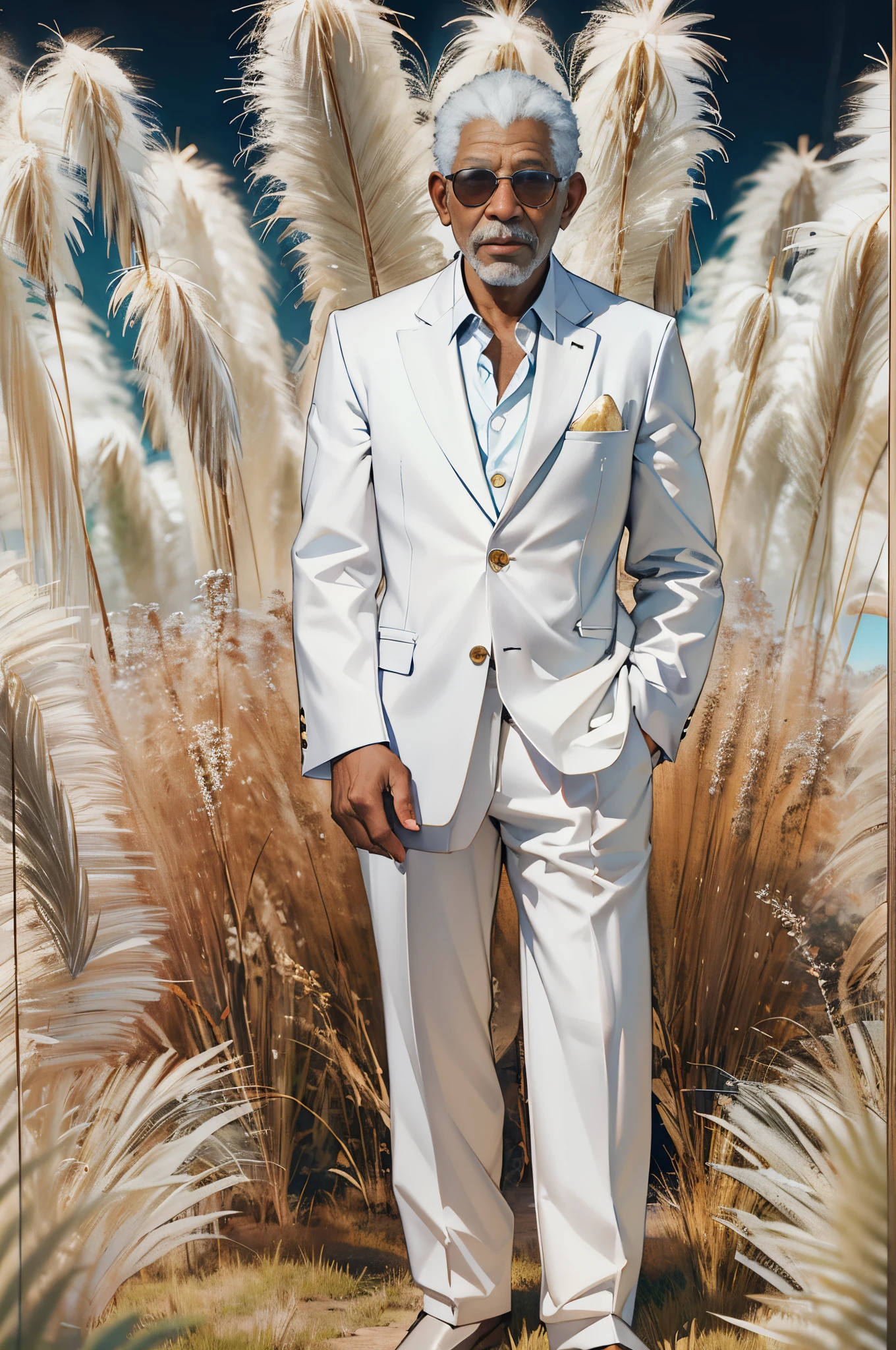African American actor（Morgan Freeman（Morgan Freeman））of photos，《Fake god》God in（By Morgan Freeman（Morgan Freeman） play），Nemu（Morgan Freeman（Morgan Freeman））dressed in a：Sophisticated white suit，Sit in a white chair，Smile at the camera，(mont:1.2) (tall grass:1.2), Rochas, The is very detailed, finedetail, (iintricate:1.3), (lens flare glow:0.6), (The light from the back window is backlighted:0.8), (full bloom:0.8), shallowdepthoffield，Detailed face, Detailed eyes，（correct hand：1.5），（Complete and beautiful five fingers：1.5），（Anatomically correct limbs：1.5），（Correct anatomy：1.5），（correct perspective：1.5）， (greg rutkovsky:0.8)，