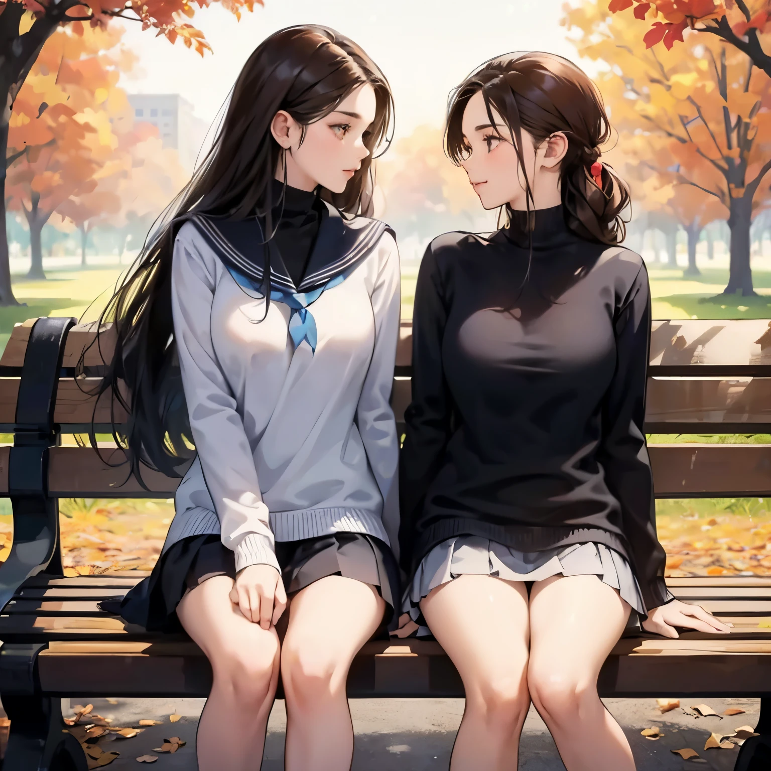 Two sisters are sitting on a park bench and making love to each other,my beautiful sister is tall and slender、I have long black hair..My cute sister has braided brown hair, is short, and has big breasts..,They looked happy looking at each other, Arm in arm.,my sister is wearing a high neck sweater and a miniskirt.,My sister is wearing a sailor suit,tre anatomically correct,perfectly proportions,Accurately drawn face,Precise fingers,photorealisim,masterpiece,hiquality,In the park in the fall,