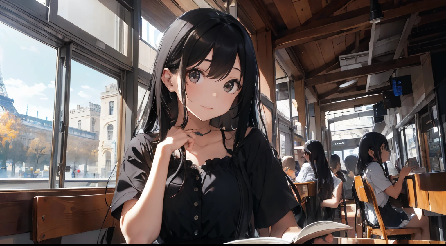 ((best quality)), ((masterpiece)), (detailed), perfect face. A beautiful young woman with long black hair and black eyes siting in a cafeteria and reading a book near Eiffel Tower. long dress