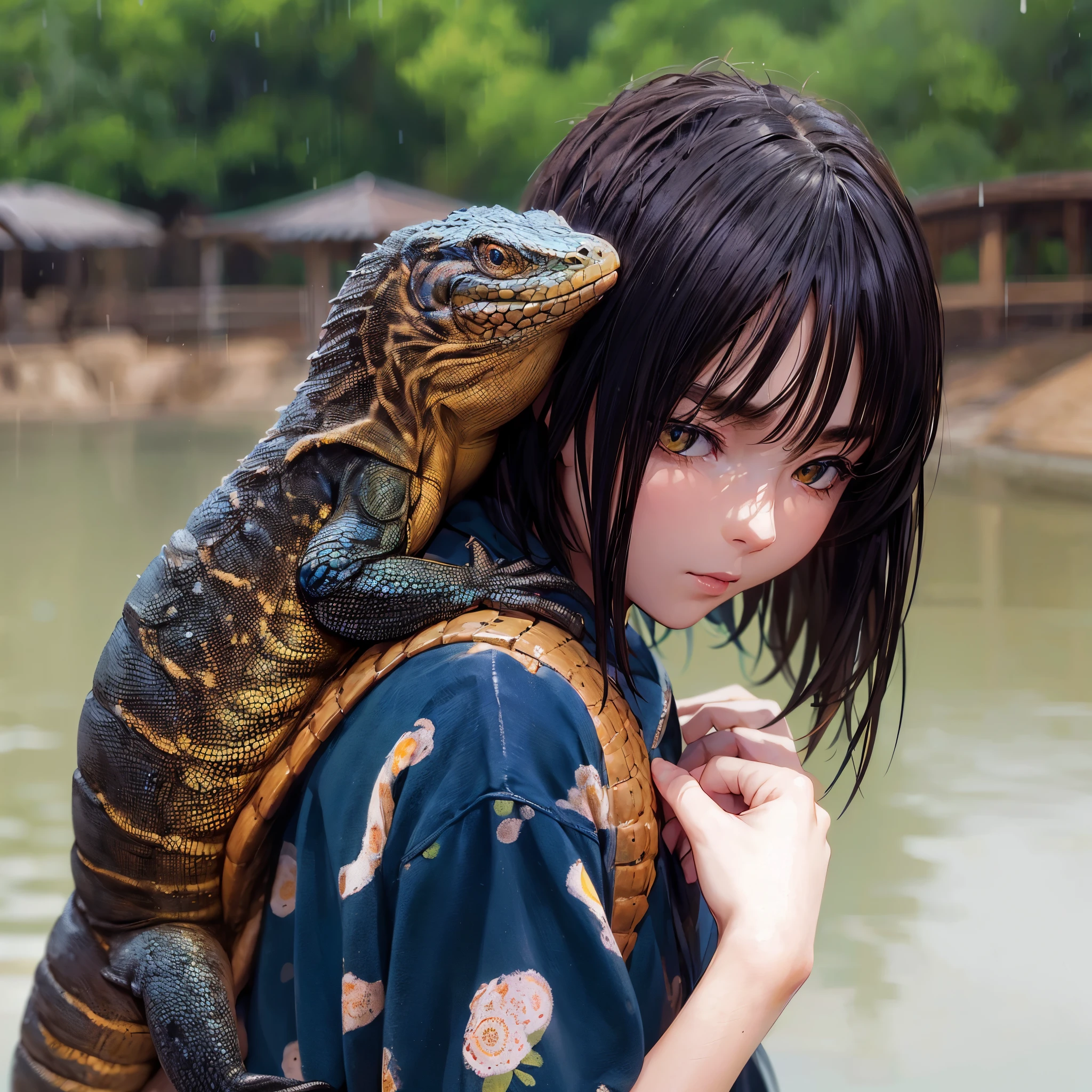 A girl and a big lizard. ride on your shoulders. A lizard with an elongated body. Shiny lizard. Dark brown back and yellow belly. short legs. Waterside.