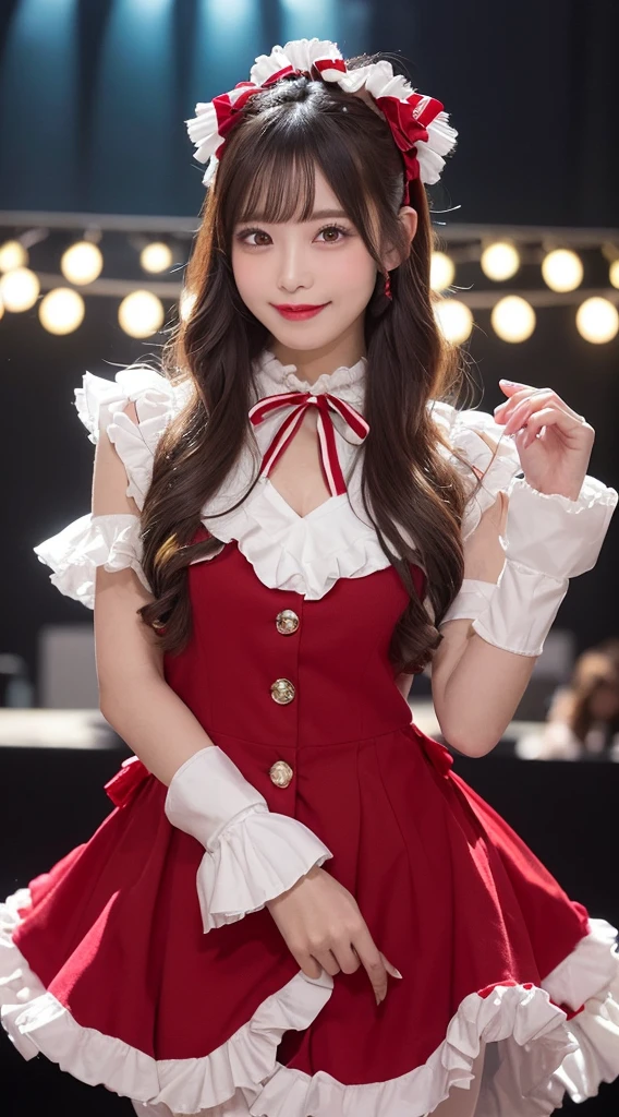masutepiece, Best Quality, Illustration, Ultra-detailed, finely detail, hight resolution, 8K Wallpaper, Perfect dynamic composition, Beautiful detailed eyes, doress,Medium Hair, mid-chest, Natural Color Lip, Random and sexy poses,Smile,Tower Mansion、(idol costume adorned with plenty of ((frills and ribbons)):1.3), (effortlessly chic in a festive idol ensemble:1.2),(featuring a Christmas-themed pattern:1.2), (effortlessly chic hairstyle:1.4),
break, (on a stage inspired by the magic of Christmas:1.2), (colorful spotlights illuminating the scene:1.3), (captivating the essence of Christmas cheer:1.2), (charmingly decorated with frills and ribbons:1.3), (radiant atmosphere with a festive stage:1.3), (evoking a sense of holiday magic:1.2), (whispers of a vibrant and cute performance:1.1),