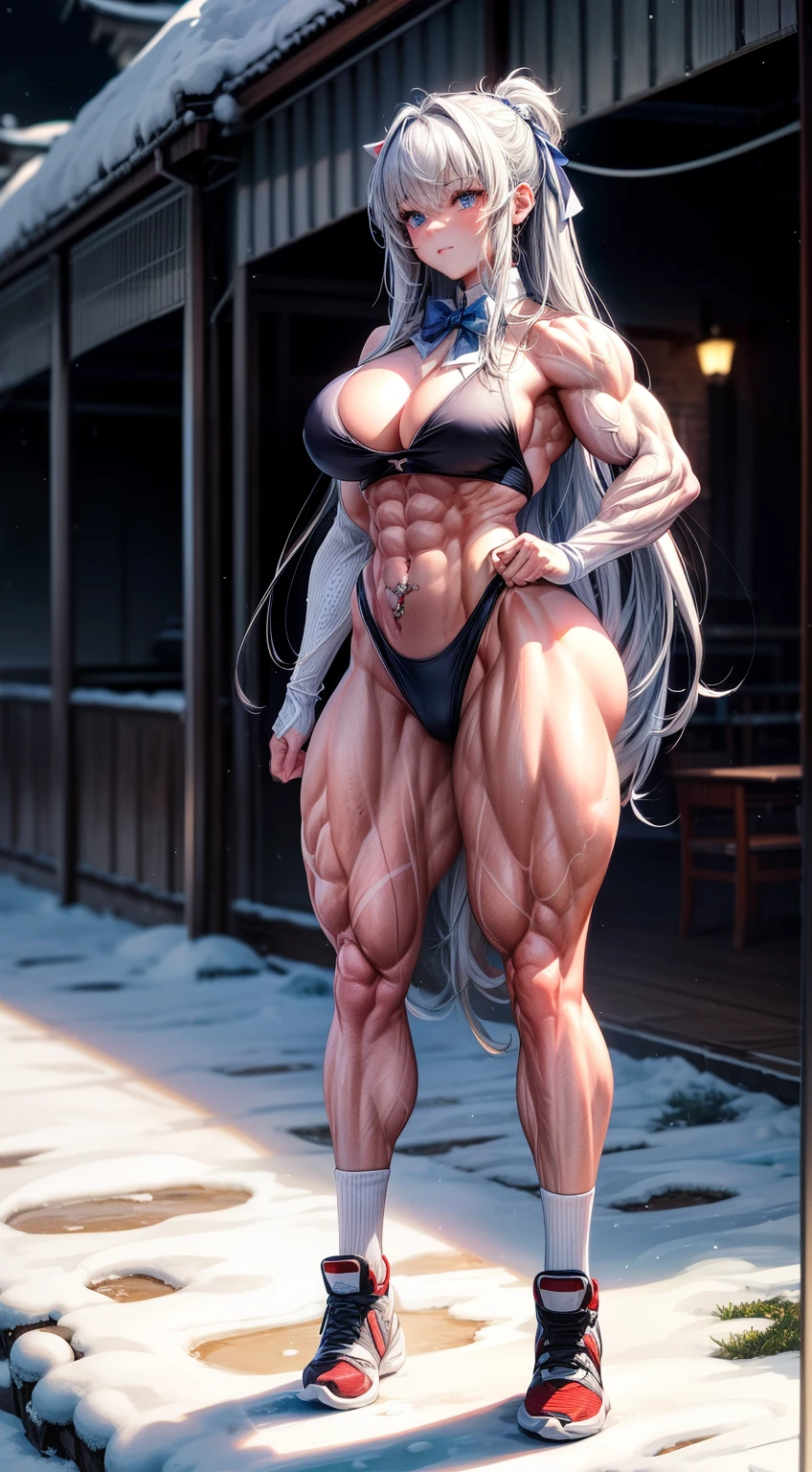 (best illuminate) , (Extremely complex and detailed) , 4K unification, (super-detailed CG: 1.2) , (8K: 1.2),(Original), (tmasterpiece) , (Best quality),(tmasterpiece:1.4),Anime-ish high quality,(tmasterpiece),tmasterpiece, Ultra-clear image quality,Clearer than the movie,(delicated face)Best quality, Huang Li,((Master of Peace, 4K, 8K, Sam, A high resolution))1 plump girl, female student,ssmile,She was in the mountains,Beautiful mountains,snow mountains,Snowflakes fluttering,black school uniform,white bowties,Bow knot,Ten strong abdominal muscles,Perfect body proportion,Stood up,Exposing the abdomen, white apparel,The blood vessels on the arms are thick and bulging,springtime, Sports boots, perfect body figure, Long white hair full of anxiety, dynamicposes,legs exposed,Strong leg muscles ((body builder:1.5))(beautiful bace),(girl),(femele),(((Upper part of the body:1)))
