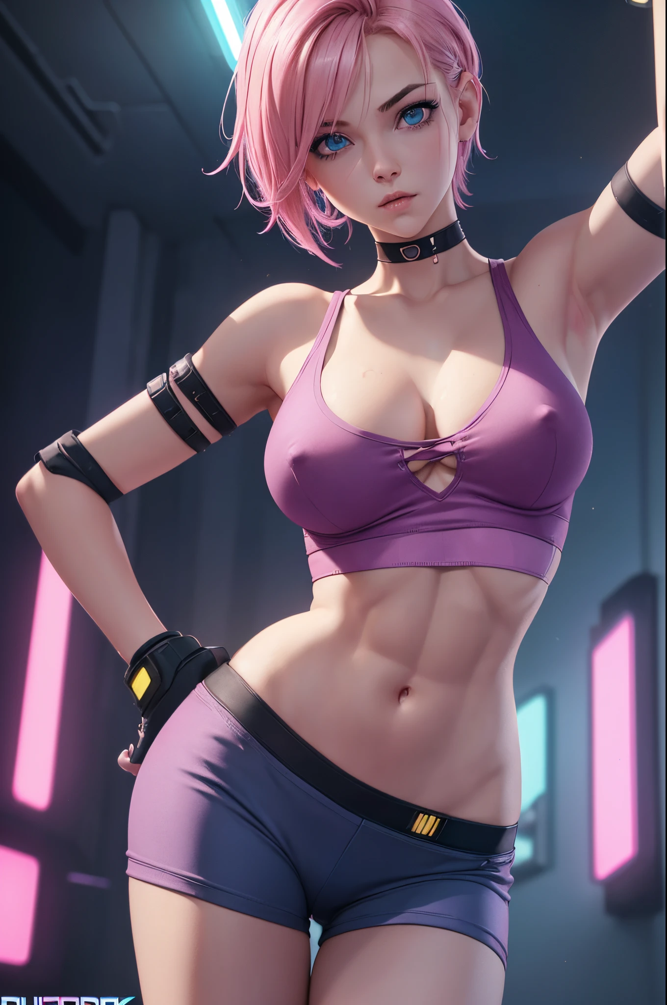 18 year old blonde with small saggy tits, wearing a no bra crop top shirt, v-neck deep cleavage, fit and slim body with visible abs, low waisted pants, short hairstyles, slim waist, gradient blue to pink hair colour, (dynamic lighting:1.4), 8k, (detailed face and eyes:1.4), (clearly detailed nipples), (cyberpunk aesthetic:1.2).